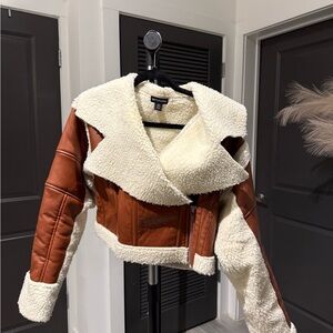 PrettyLittleThing Brown and Cream Leather Shepra Jacket